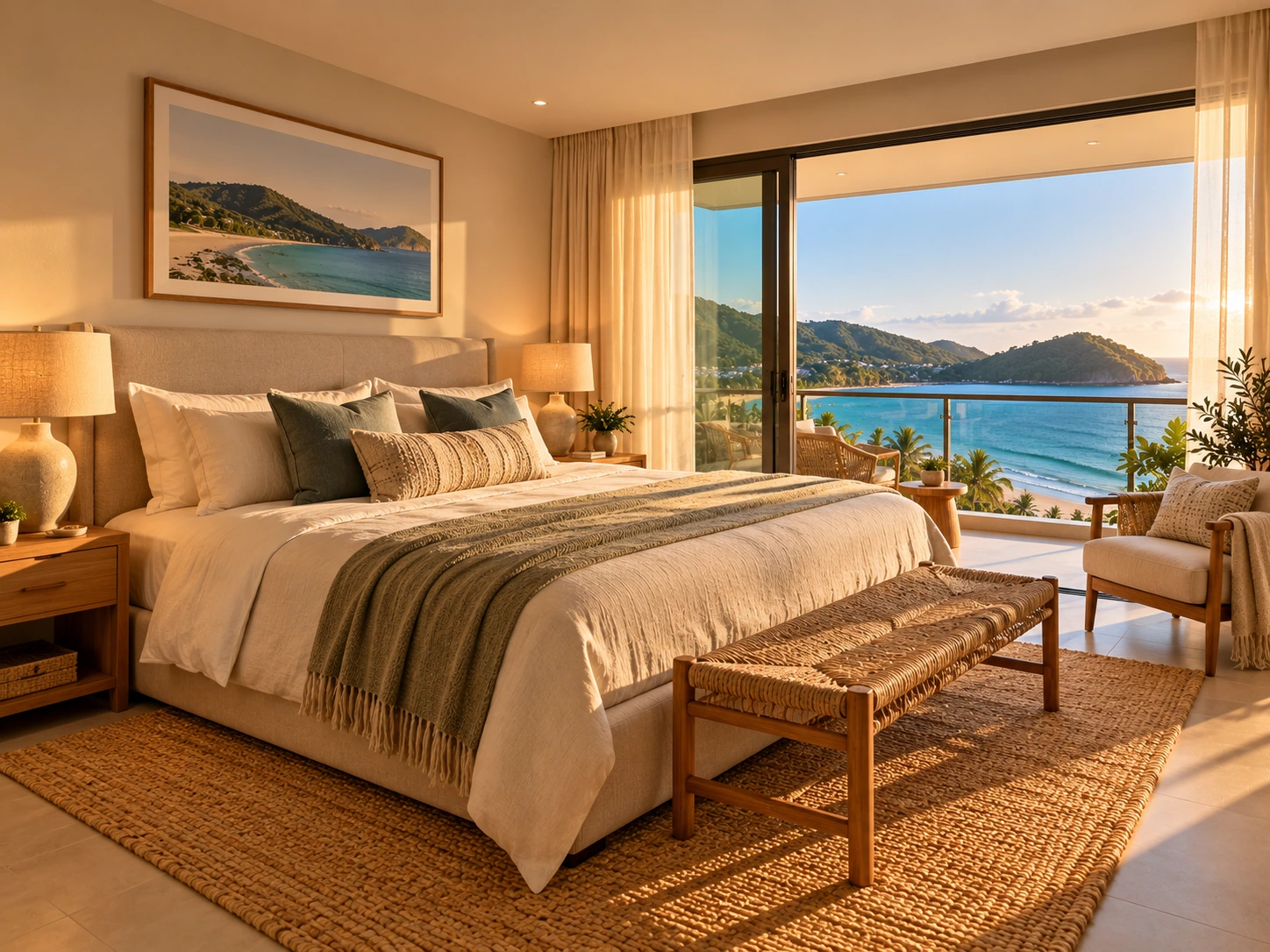 Quarto de casal claro com vista para a praia