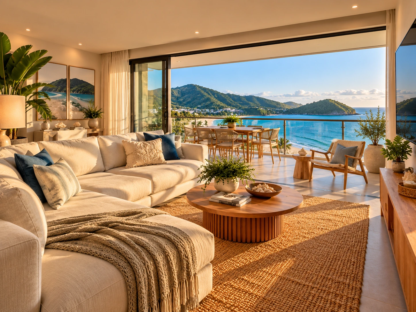 Sala ampla com varanda e vista para o mar