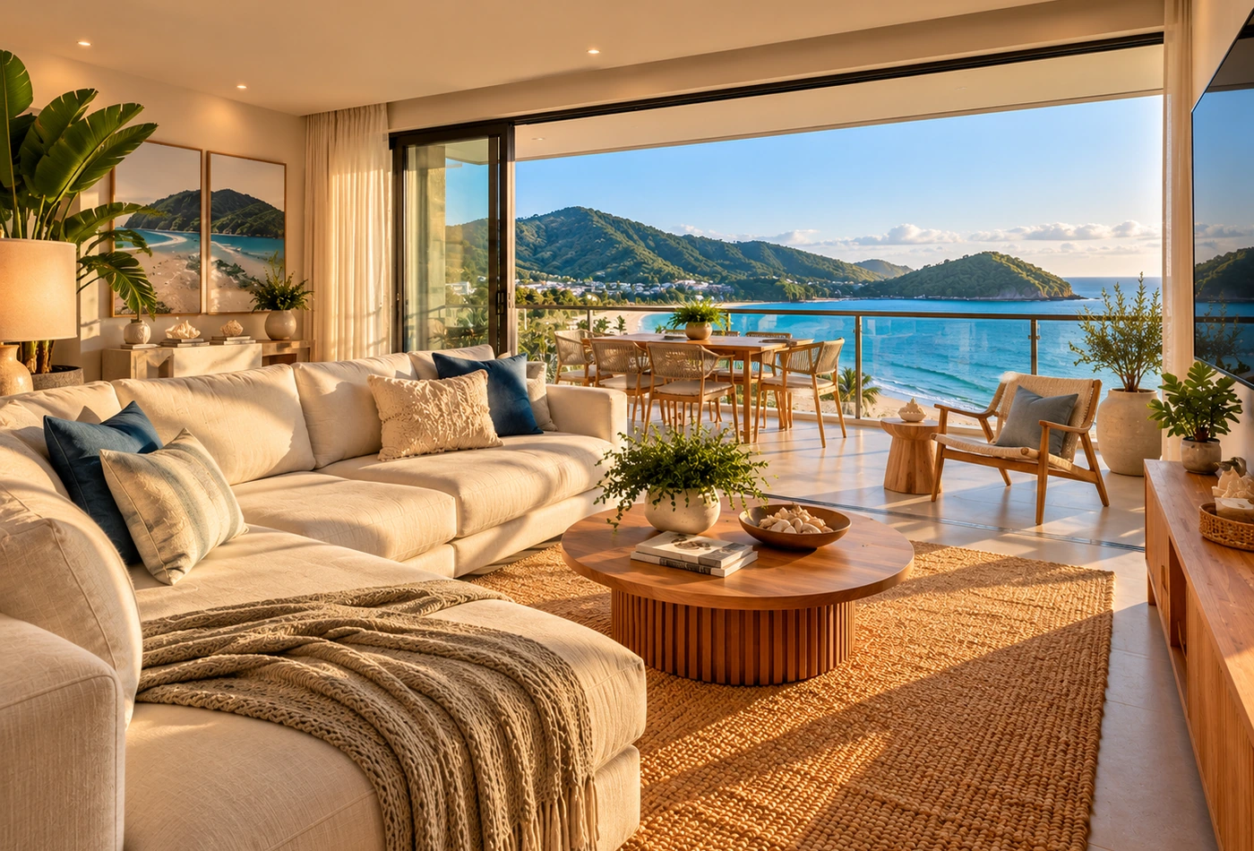 Sala de estar de um apartamento ilustrativo com vista para o mar