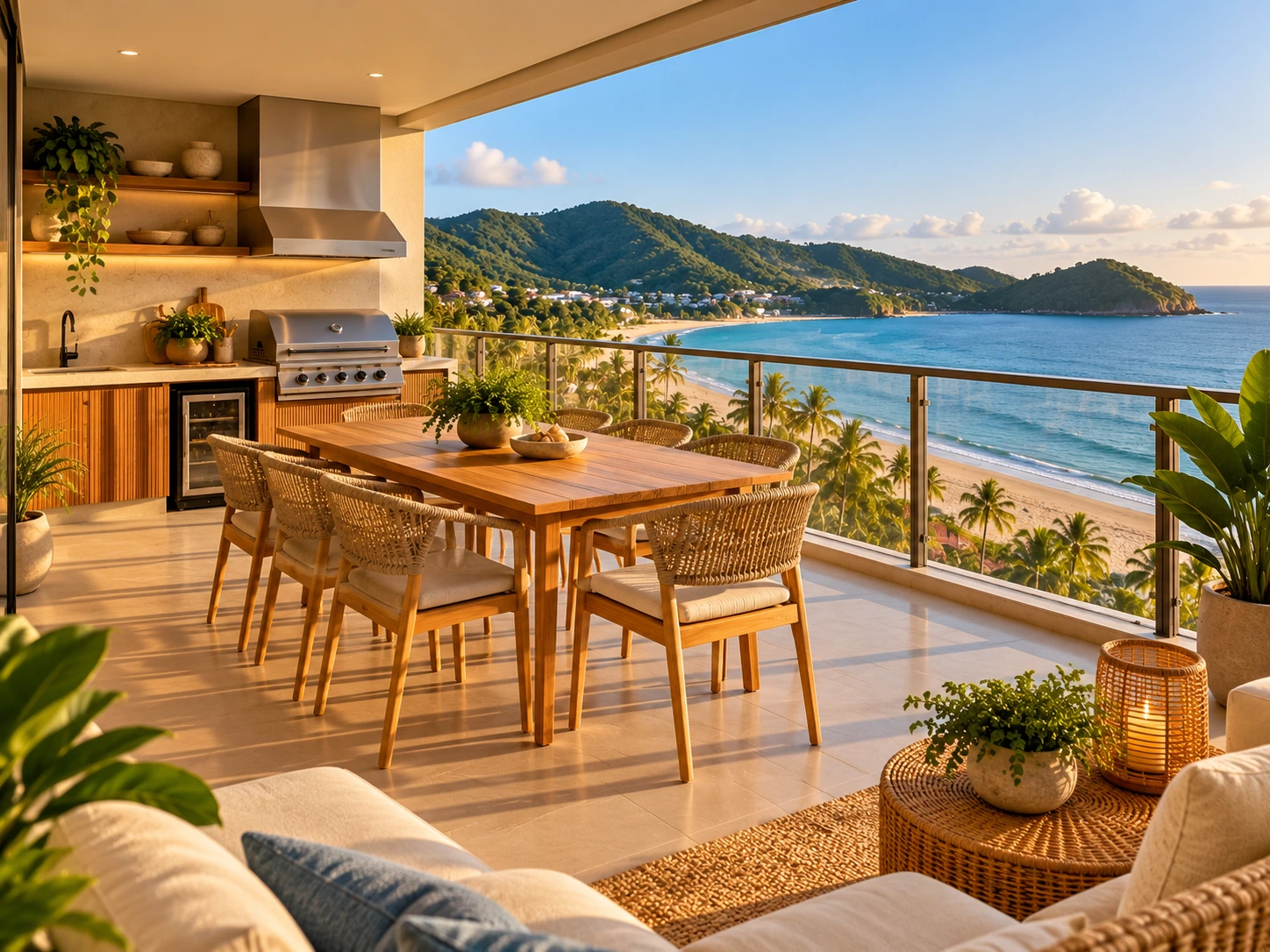 Varanda ilustrativa com mesa e mar ao fundo